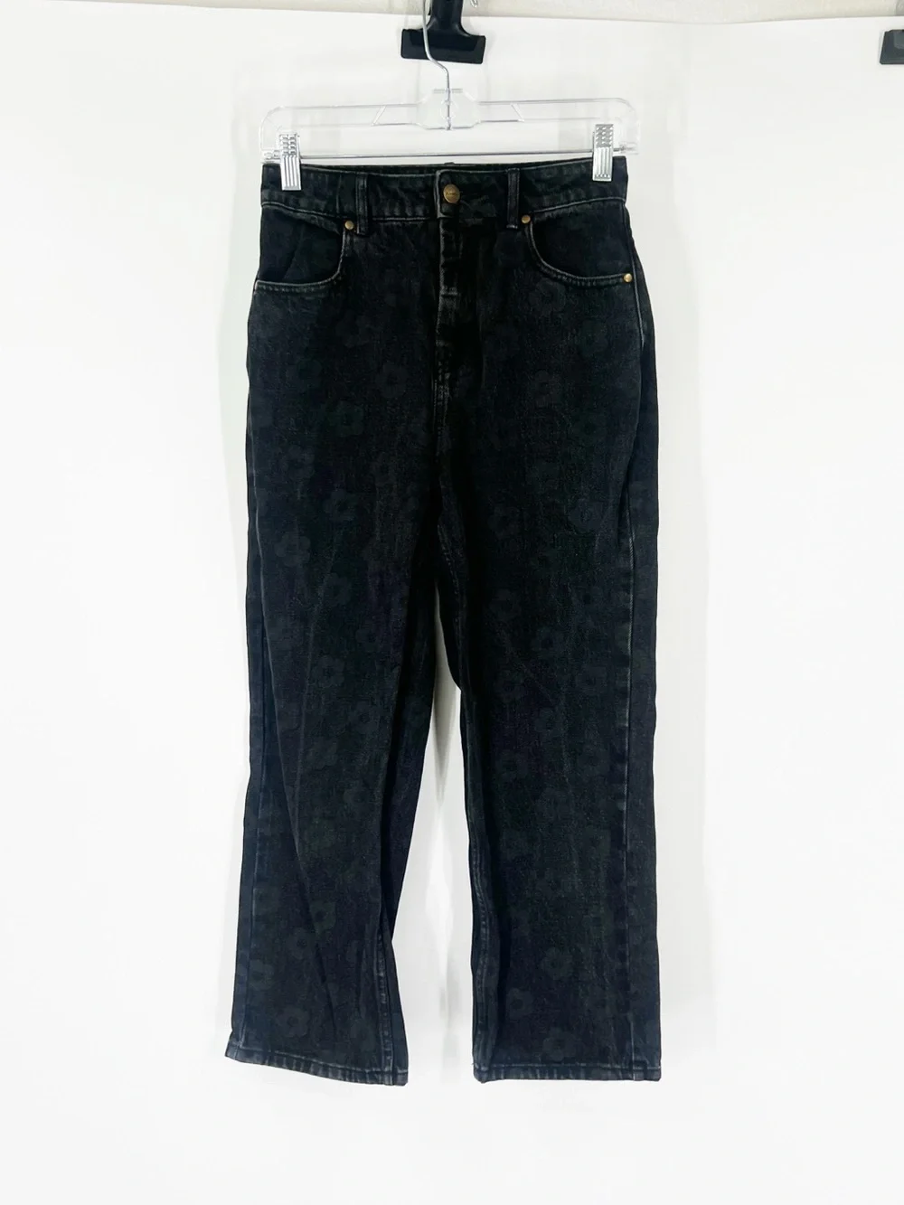 Afends High Rise Straight Cropped Jeans Black Floral Print - Picture 1 of 7